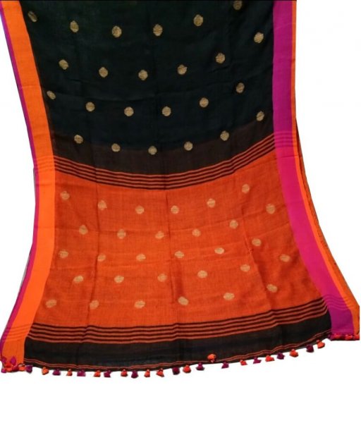 Black &amp; Red Buti Ball Linen Saree